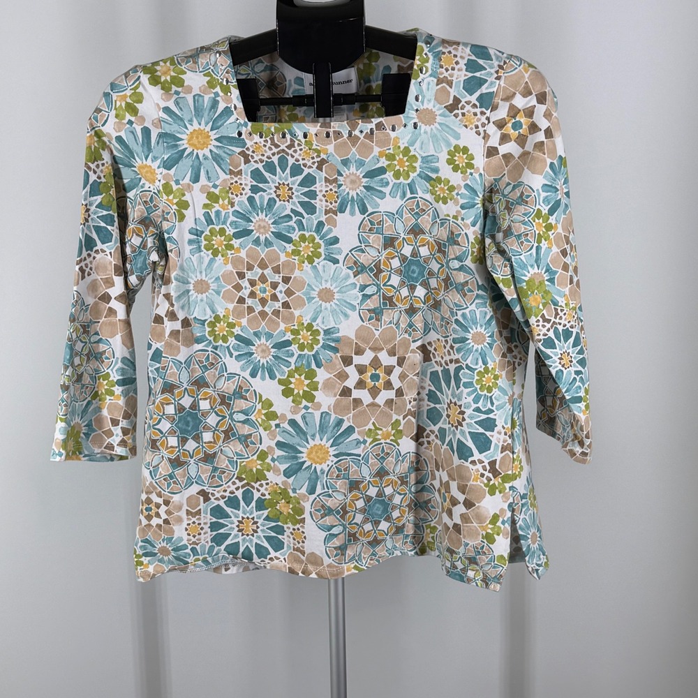 Alfred Dunner Womens Teal Floral Geometric Studded Square Neck S